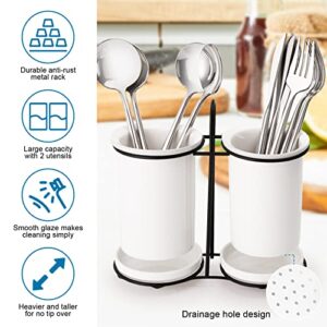 Kitchen Utensil Holder, Ceramic Utensils Crock for Countertop, Cooking Utensil Crock with Drain Holes and Metal Rack , Utensil Organizer for Countertop, Easy to Clean for Party, Home, Counter-White