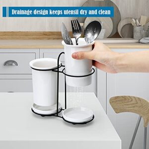 Kitchen Utensil Holder, Ceramic Utensils Crock for Countertop, Cooking Utensil Crock with Drain Holes and Metal Rack , Utensil Organizer for Countertop, Easy to Clean for Party, Home, Counter-White