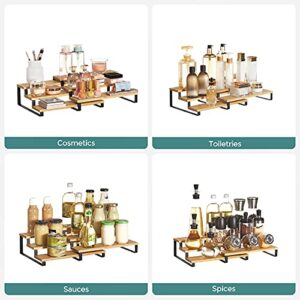 SONGMICS Spice Rack, Set of 2 Cabinet Shelf Organizers, 3-Tier Extendable Spice Holder, Bamboo, Stackable, for Pantry, Cupboard, Countertop, Natural and Black UKCS016N01