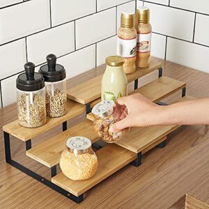 SONGMICS Spice Rack, Set of 2 Cabinet Shelf Organizers, 3-Tier Extendable Spice Holder, Bamboo, Stackable, for Pantry, Cupboard, Countertop, Natural and Black UKCS016N01