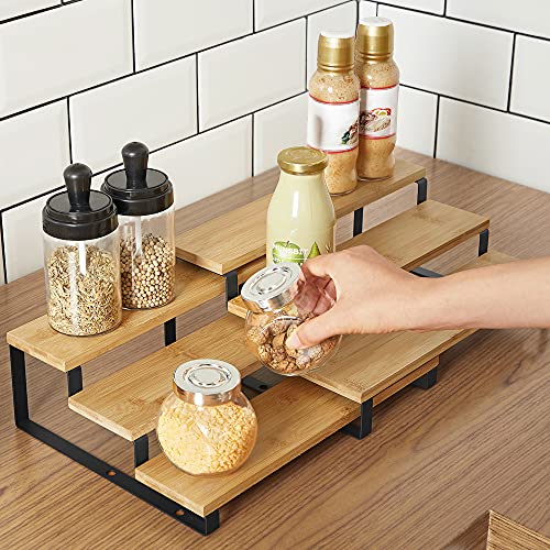 SONGMICS Spice Rack, Set of 2 Cabinet Shelf Organizers, 3-Tier Extendable Spice Holder, Bamboo, Stackable, for Pantry, Cupboard, Countertop, Natural and Black UKCS016N01