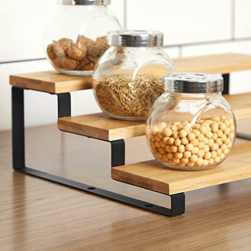 SONGMICS Spice Rack, Set of 2 Cabinet Shelf Organizers, 3-Tier Extendable Spice Holder, Bamboo, Stackable, for Pantry, Cupboard, Countertop, Natural and Black UKCS016N01