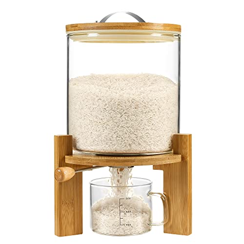 Vuinop Rice Dispenser, Rice Storage Container：Flour and Cereal Container with Airtight Lid and Wooden Stand, Glass Food Storge Container for Kitchen Organization and Pantry Store (5L)