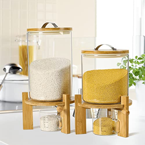 Vuinop Rice Dispenser, Rice Storage Container：Flour and Cereal Container with Airtight Lid and Wooden Stand, Glass Food Storge Container for Kitchen Organization and Pantry Store (5L)