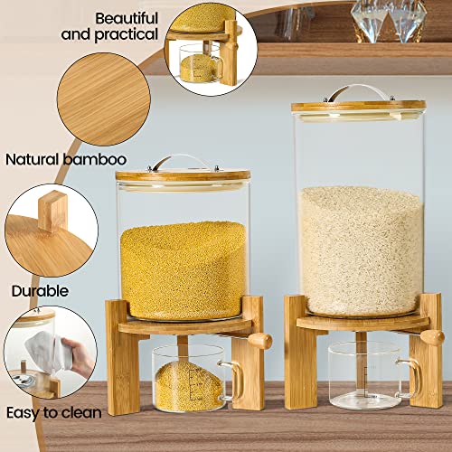 Vuinop Rice Dispenser, Rice Storage Container：Flour and Cereal Container with Airtight Lid and Wooden Stand, Glass Food Storge Container for Kitchen Organization and Pantry Store (5L)