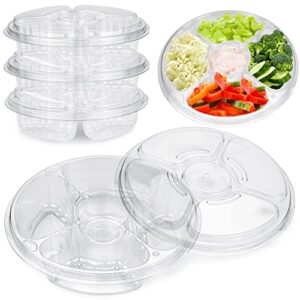 [8 pack] 10 inch round plastic appetizer tray with lid – 5 compartment container, food serving dip platter, disposable clear pet storage, kids snack, veggie fruit travel organizer for party and buffet