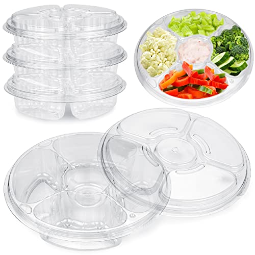 [8 Pack] 10 Inch Round Plastic Appetizer Tray with Lid - 5 Compartment Container, Food Serving Dip Platter, Disposable Clear PET Storage, Kids Snack, Veggie Fruit Travel Organizer for Party and Buffet