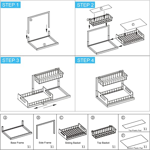 Mlesi Under Sink Organizers and Storage, 2 Tier Sliding Cabinet Basket Organizer with Non-Slip Pads, Multi-Purpose Under Sink Organizer for Bathroom Kitchen, Carbon Steel/Black