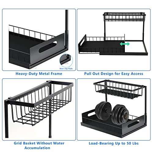 Mlesi Under Sink Organizers and Storage, 2 Tier Sliding Cabinet Basket Organizer with Non-Slip Pads, Multi-Purpose Under Sink Organizer for Bathroom Kitchen, Carbon Steel/Black