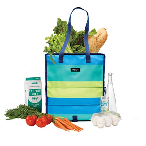 PackIt Freezable Grocery Shopping Bag with Zip Closure, Fresh Stripe