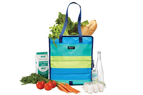 PackIt Freezable Grocery Shopping Bag with Zip Closure, Fresh Stripe