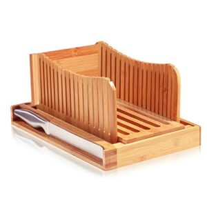 luxury bamboo bread slicer with knife – 3 slice thickness, foldable compact cutting guide with crumb tray, stainless steel bread knife for homemade bread, cake, bagels 5.5” wide x 5” tall