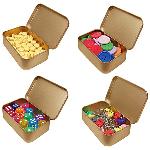 4 Pack Tin Box Containers 3.7 x 2.4 x 0.8 Inch Metal Tins Storage Box with Hinge Lids, for Home Storage, Outdoor Active Storage Containers, Home Organizer Small Tins, Gold