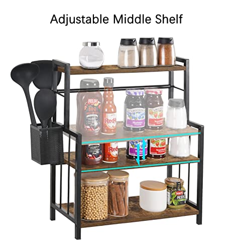 Giikin 3 Tier Adjustable Spice Rack Organizer Storage Shelf , Kitchen Counter Standing Wood Seasonings Rack with a Wire Basket, Countertop Standing Holder for Kitchen, Bathroom, Cabinet, Pantry