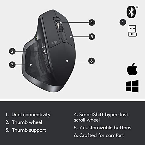 Logitech MX Master 2S Wireless Mouse – Use on Any Surface, Hyper-Fast Scrolling, Ergonomic Shape, Rechargeable, Control Upto 3 Apple Mac and Windows Computers, Graphite (Discontinued by Manufacturer)