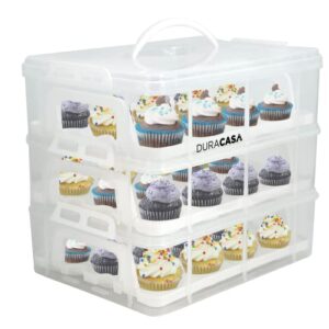 duracasa cupcake carrier, cupcake holder – premium upgraded model – store up to 36 cupcakes or 3 large cakes – stacking cupcake storage container – cookie, muffin or cake carrier (white, three tier)