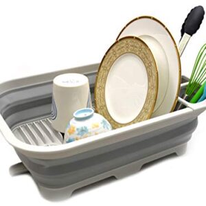 SAMMART 12L (3.17 Gallon) Collapsible Dish Drainer with Swivel spout - Foldable Drying Rack Set - Portable Dinnerware Organizer - Space Saving Kitchen Storage Tray (Grey)