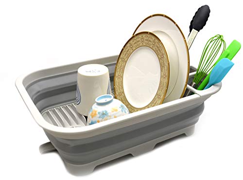 SAMMART 12L (3.17 Gallon) Collapsible Dish Drainer with Swivel spout - Foldable Drying Rack Set - Portable Dinnerware Organizer - Space Saving Kitchen Storage Tray (Grey)