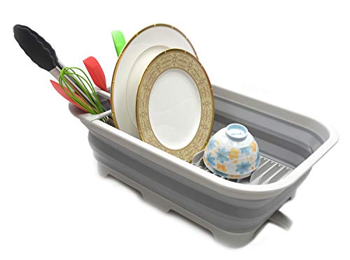 SAMMART 12L (3.17 Gallon) Collapsible Dish Drainer with Swivel spout - Foldable Drying Rack Set - Portable Dinnerware Organizer - Space Saving Kitchen Storage Tray (Grey)