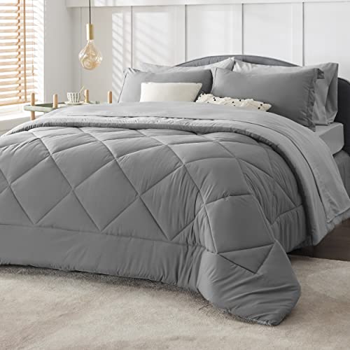 BEDSURE Queen Comforter Set - 7 Pieces Reversible Queen Bed Set Bed in a Bag with Comforters Queen Size, Sheets, Pillowcases & Shams, Grey Bedding Sets