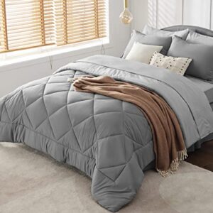 BEDSURE Queen Comforter Set - 7 Pieces Reversible Queen Bed Set Bed in a Bag with Comforters Queen Size, Sheets, Pillowcases & Shams, Grey Bedding Sets