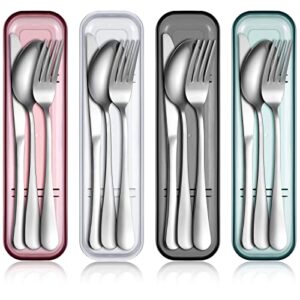 4 pack portable stainless steel utensil set with case travel reusable silverware flatware set 4-piece camping cutlery include fork spoon knife with case for office school picnic dishwasher safe