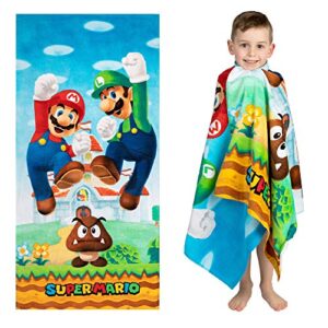 super mario “official nintendo” kids super soft cotton bath/pool/beach towel, 58 in x 28 in, by franco