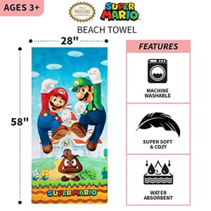 Super Mario "Official Nintendo" Kids Super Soft Cotton Bath/Pool/Beach Towel, 58 in x 28 in, By Franco