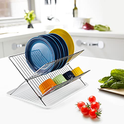 Youeon Foldable Dish Drying Rack with Drainboard, Stainless Steel 2 Tier Dish Drainer Rack, Collapsible Dish Drainer, Folding Dish Rack for Kitchen Sink, Countertop, Cutlery, Plates, Dishes