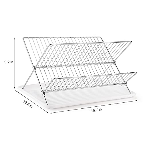 Youeon Foldable Dish Drying Rack with Drainboard, Stainless Steel 2 Tier Dish Drainer Rack, Collapsible Dish Drainer, Folding Dish Rack for Kitchen Sink, Countertop, Cutlery, Plates, Dishes