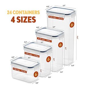 24 Pack Airtight Food Storage Container Set - BPA Free Clear Plastic Kitchen and Pantry Organization Canisters with Durable Lids for Cereal, Dry Food Flour & Sugar - Labels, Marker & Spoon Set