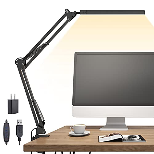 TROPICALTREE LED Desk Lamp, Swing arm Desk Light with clamp, 3 Lighting 10 Brightness Eye-Caring Modes, Reading Desk Lamps for Home Office 360 Degree Spin with USB Adapter & Memory Function black-14W