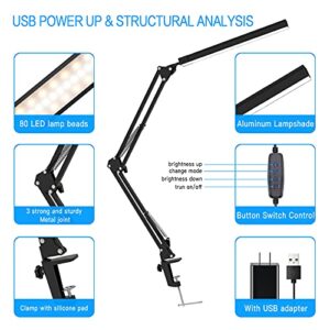 TROPICALTREE LED Desk Lamp, Swing arm Desk Light with clamp, 3 Lighting 10 Brightness Eye-Caring Modes, Reading Desk Lamps for Home Office 360 Degree Spin with USB Adapter & Memory Function black-14W