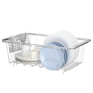 sink dish drying rack, 304 stainless steel rustproof expandable dish drainer organizer with stainless steel silverware holder over inside sink-adjustable 14.96″ to 20.59″ （maximium 7 upright dishes ）