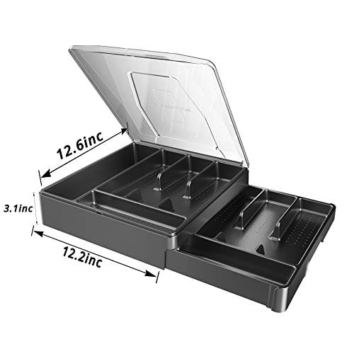 Kurberson Double Layer Silverware Tray with Lid, Drawer Organizer for Utensil Tray, Cutlery Storage Holder with Cover, Black