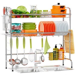 ace teah over the sink dish drying rack 2-tier large over sink dish rack for kitchen organizer, above sink dish drainer stainless steel with utensil holder hooks, silver