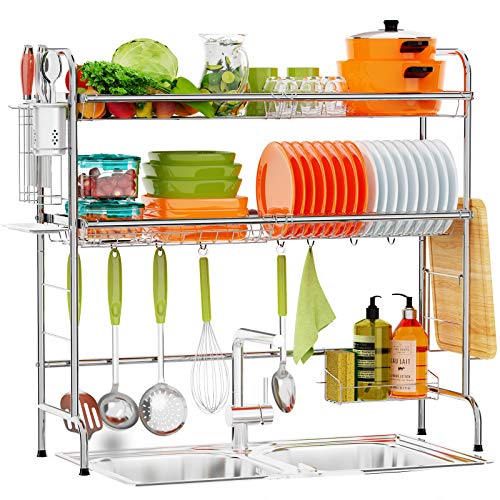 Ace Teah Over The Sink Dish Drying Rack 2-Tier Large Over Sink Dish Rack for Kitchen Organizer, Above Sink Dish Drainer Stainless Steel with Utensil Holder Hooks, Silver