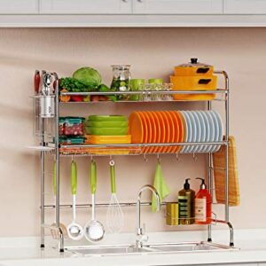 Ace Teah Over The Sink Dish Drying Rack 2-Tier Large Over Sink Dish Rack for Kitchen Organizer, Above Sink Dish Drainer Stainless Steel with Utensil Holder Hooks, Silver