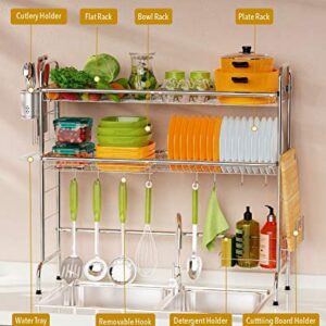 Ace Teah Over The Sink Dish Drying Rack 2-Tier Large Over Sink Dish Rack for Kitchen Organizer, Above Sink Dish Drainer Stainless Steel with Utensil Holder Hooks, Silver