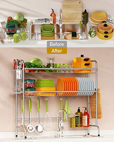 Ace Teah Over The Sink Dish Drying Rack 2-Tier Large Over Sink Dish Rack for Kitchen Organizer, Above Sink Dish Drainer Stainless Steel with Utensil Holder Hooks, Silver