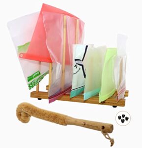 altcooking hub bamboo plastic bag drying rack & bamboo bottle brush – multipurpose dish drying rack for silicone reusable bags, baby bottles, water bottles, plates, wine glasses