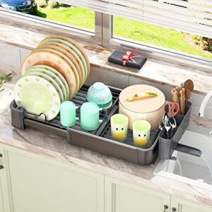 Aluminium Dish Drying Rack, Expandable(14.9"-22.2") Dish Racks for Kitchen Counter with Drying Mat, Rustproof Large Dish Drainers and Drainboard Set with Cutlery & Cup Holders for Various Kitchenware