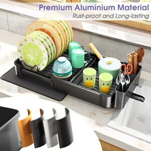 Aluminium Dish Drying Rack, Expandable(14.9"-22.2") Dish Racks for Kitchen Counter with Drying Mat, Rustproof Large Dish Drainers and Drainboard Set with Cutlery & Cup Holders for Various Kitchenware