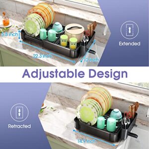 Aluminium Dish Drying Rack, Expandable(14.9"-22.2") Dish Racks for Kitchen Counter with Drying Mat, Rustproof Large Dish Drainers and Drainboard Set with Cutlery & Cup Holders for Various Kitchenware