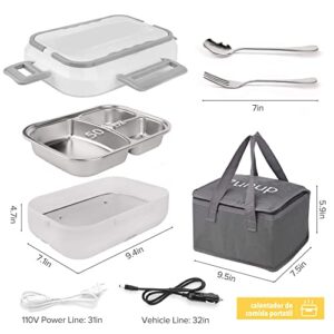 Electric Lunch Box Food Heater, Portable Food Warmer 12V/24V for Car/Truck,110V for Work Home Heated Lunch Box for Adults, Removable 304 Stainless Steel Container, Fork, Spoon, and Carry Bag