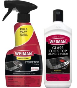 weiman ceramic and glass cooktop – 10 ounce – stove top daily cleaner kit – 12 ounce – glass induction cooktop cleaning bundle for heavy duty mess cleans burnt-on food