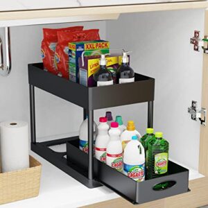 Cucn Under Sink Organizer, 2 Tier Under Sliding Cabinet Basket Organizer Drawer with Hooks, Under Sink Organizers and Storage Under Cabinet Storage for Bathroom Kitchen, Black