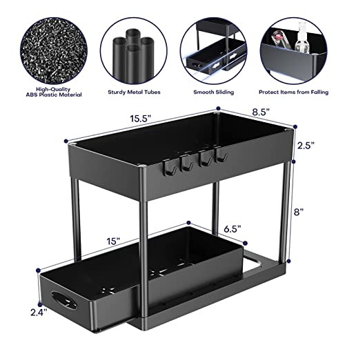 Cucn Under Sink Organizer, 2 Tier Under Sliding Cabinet Basket Organizer Drawer with Hooks, Under Sink Organizers and Storage Under Cabinet Storage for Bathroom Kitchen, Black