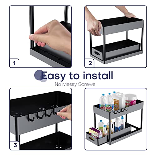 Cucn Under Sink Organizer, 2 Tier Under Sliding Cabinet Basket Organizer Drawer with Hooks, Under Sink Organizers and Storage Under Cabinet Storage for Bathroom Kitchen, Black