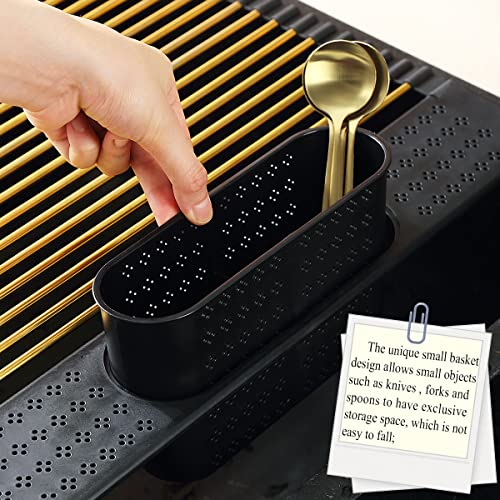 Berglander Gold Dish Drying Rack Over The Sink, L17.5*W 15" Rollable Tianium Golden Plating Stainless Steel Dish Rack with Removable Storage Basket, Perfect for Kitchen Sink